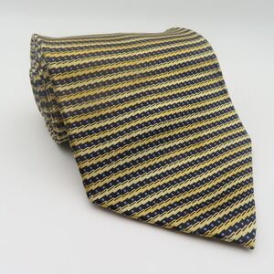 Bergamo Tie Silk Blue Yellow Striped 4" Wide 57" Long Hand Made Korea